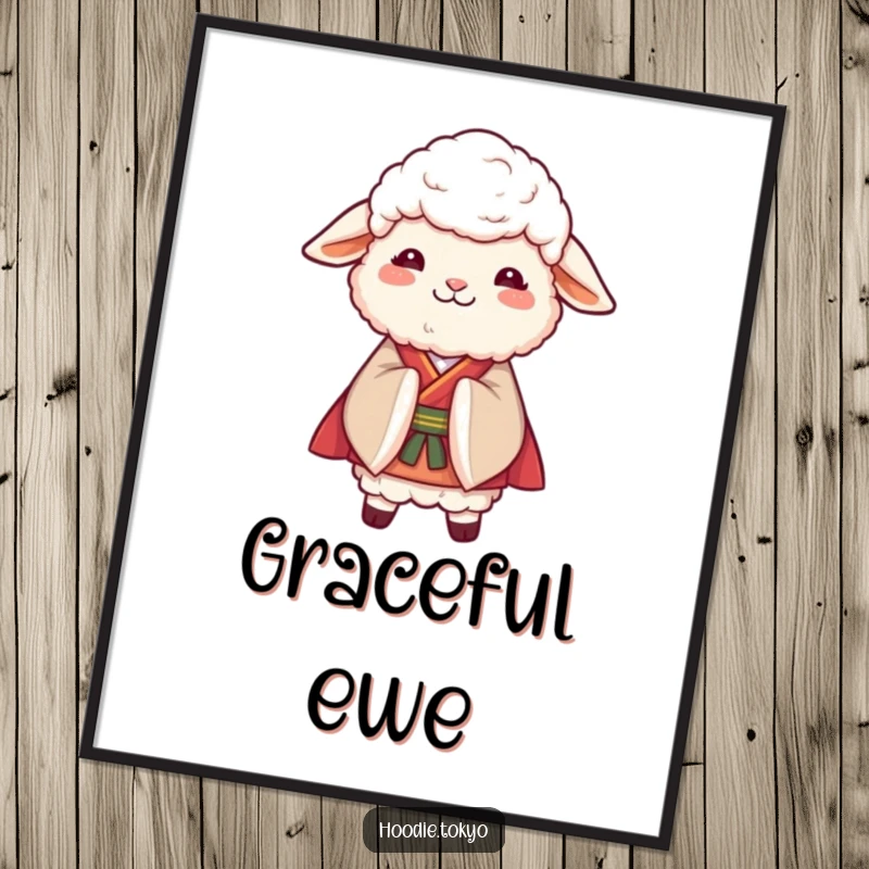 Funny Sheep Kimono Digital Art Print: High-resolution artwork of a fluffy sheep in a kimono bowing gracefully, perfect for instant wall decor.