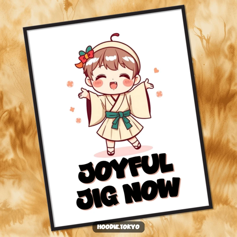 Funny playful Japanese character digital art print, showing a silly dance in traditional Japanese outfit.