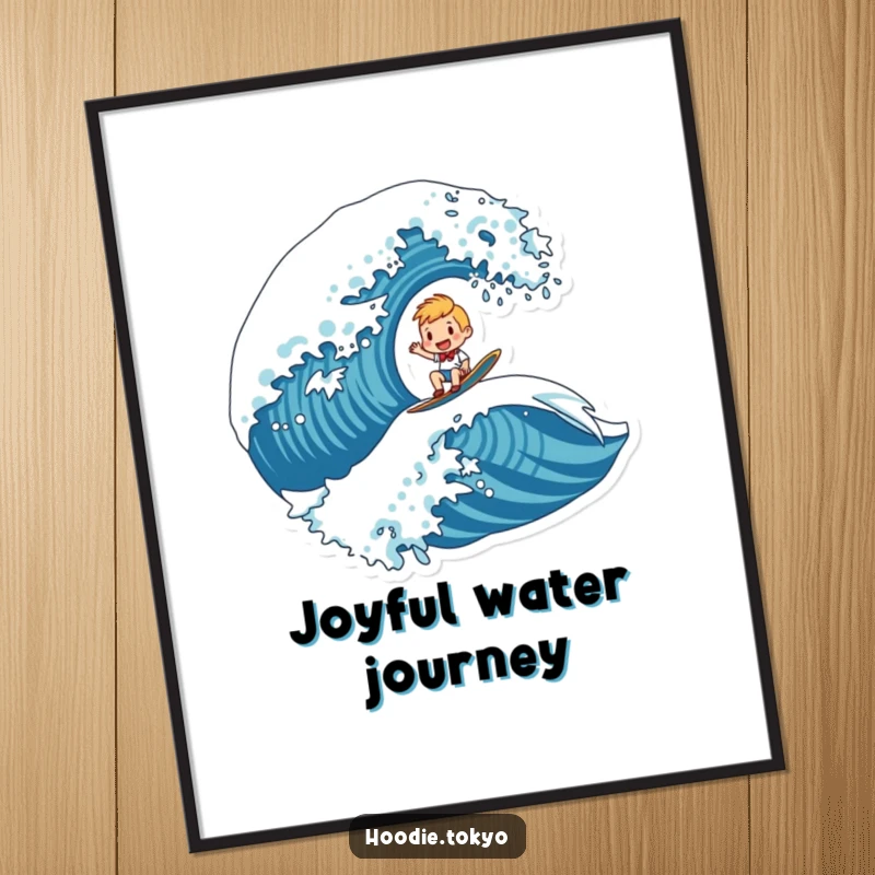 Funny digital art print of a character joyfully riding a giant, stylized wave, conveying excitement and adventurous humor.