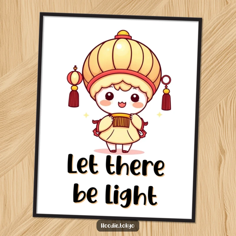 Funny kawaii character beaming brightly holding a giant festive lantern, printable digital art, whimsical and cheerful.