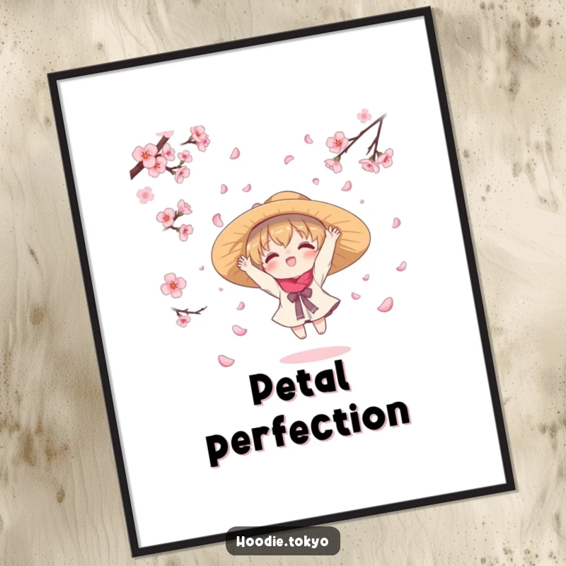 Funny digital art print of a kawaii character in a hat, joyfully catching falling cherry blossom petals, offering instant whimsical decor and charm.