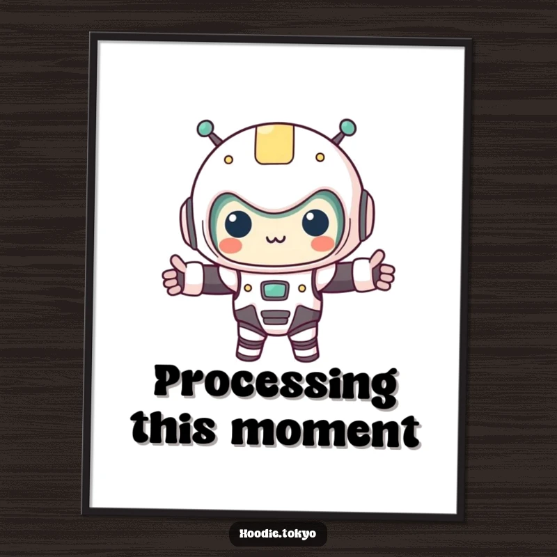 Funny kawaii character in a tiny robot costume, arms outstretched, available as a digital art print. Instant charming tech humor for walls.