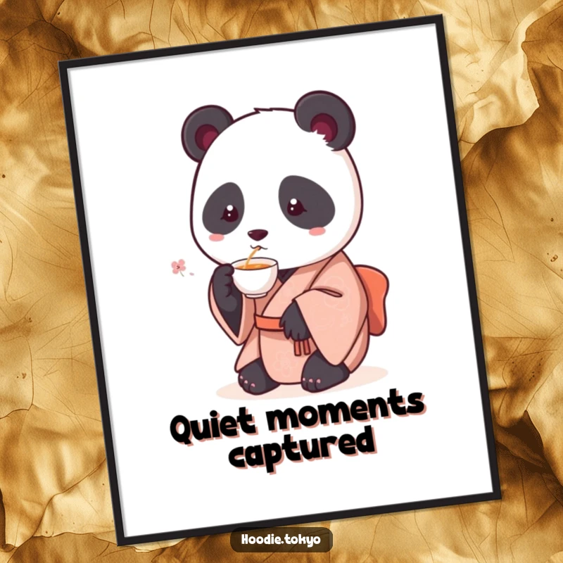 Funny digital art print of a round panda wearing a kimono, delicately sipping tea, offering instant humorous wall decor.