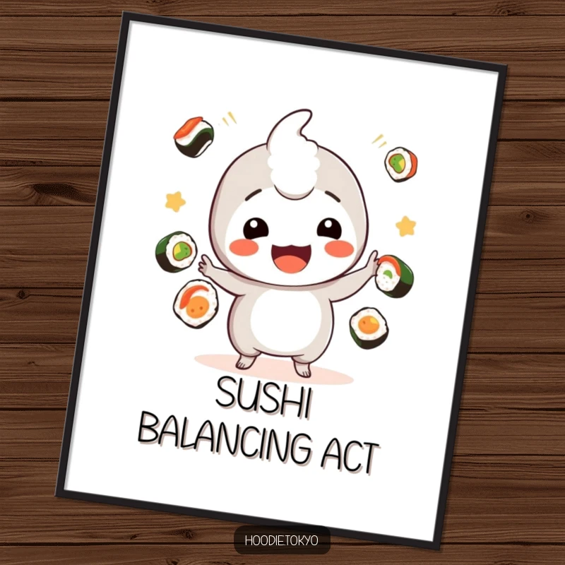 Funny sushi kawaii digital art print of a playful character juggling sushi, ideal funny gift.