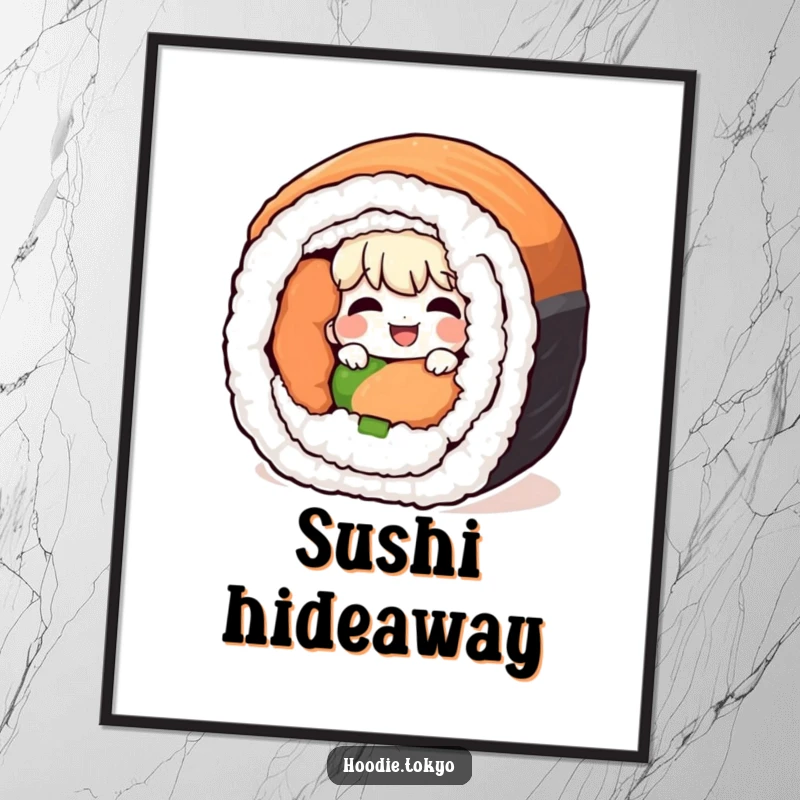 Funny giggling character peeking from behind a giant sushi roll, a high-quality humorous digital art print.