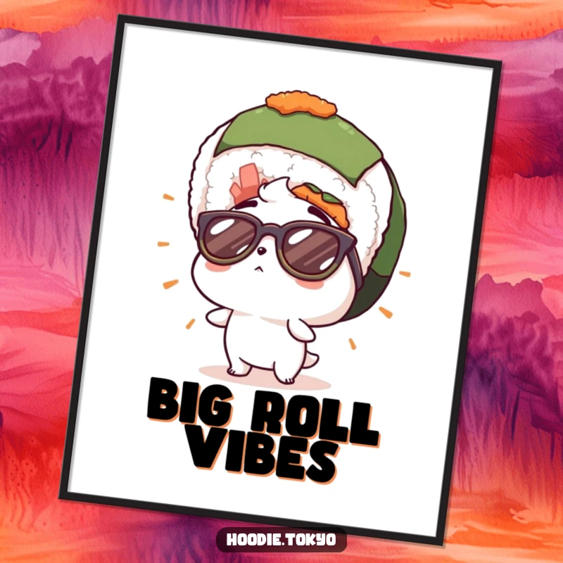 Funny digital art print of a character in cool sunglasses, looking up in shock at a giant sushi roll, offering instant humorous decor.