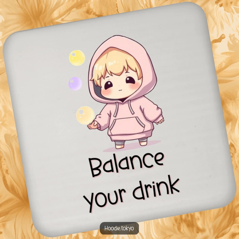 Funny drink coaster with a playful character in an oversized hoodie, juggling glowing orbs, offering magical surface protection.