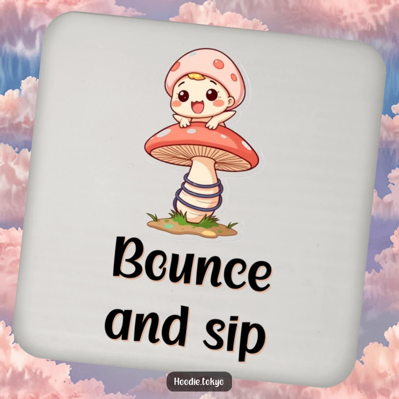 Funny coaster featuring a character with a huge grin bouncing on a large, springy mushroom, adding humor and protection.