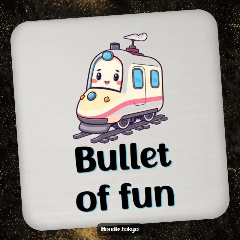 Funny coaster set featuring a happy character playfully bouncing on a miniature bullet train, offering protection with a touch of speedy charm.