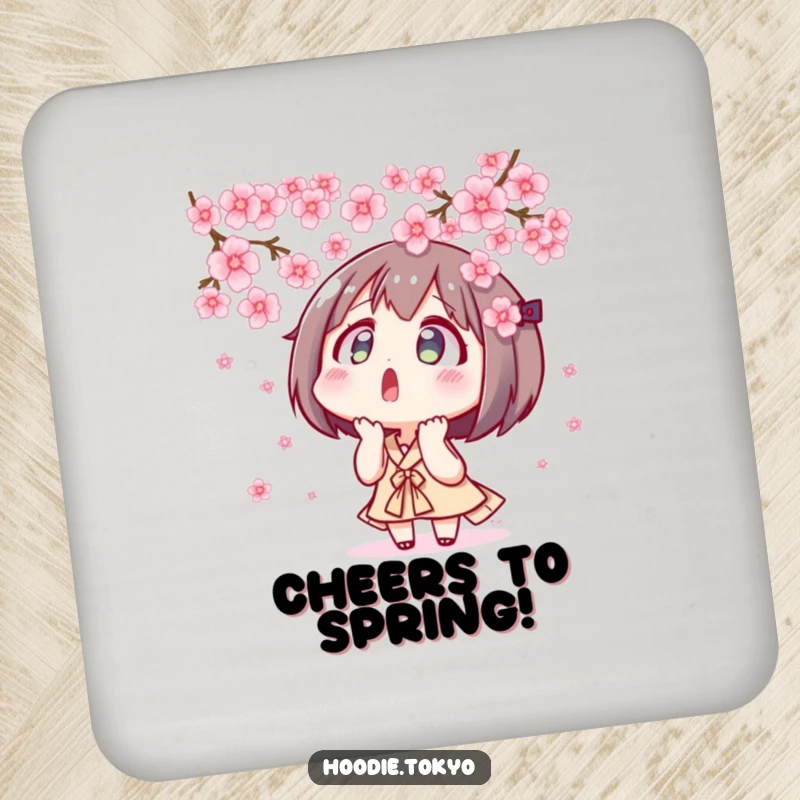 Funny surprised Tokyo character looking up at floating cherry blossoms, decorative drink coasters, anime inspired table protection.