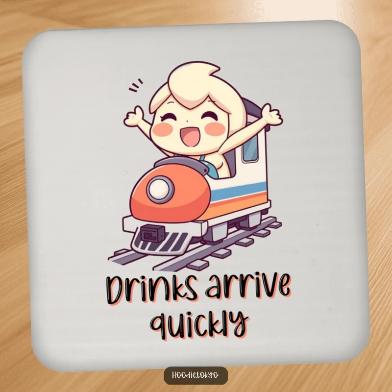 Funny coaster featuring a character's energetic bullet train dash, offering a humorous way to protect furniture.