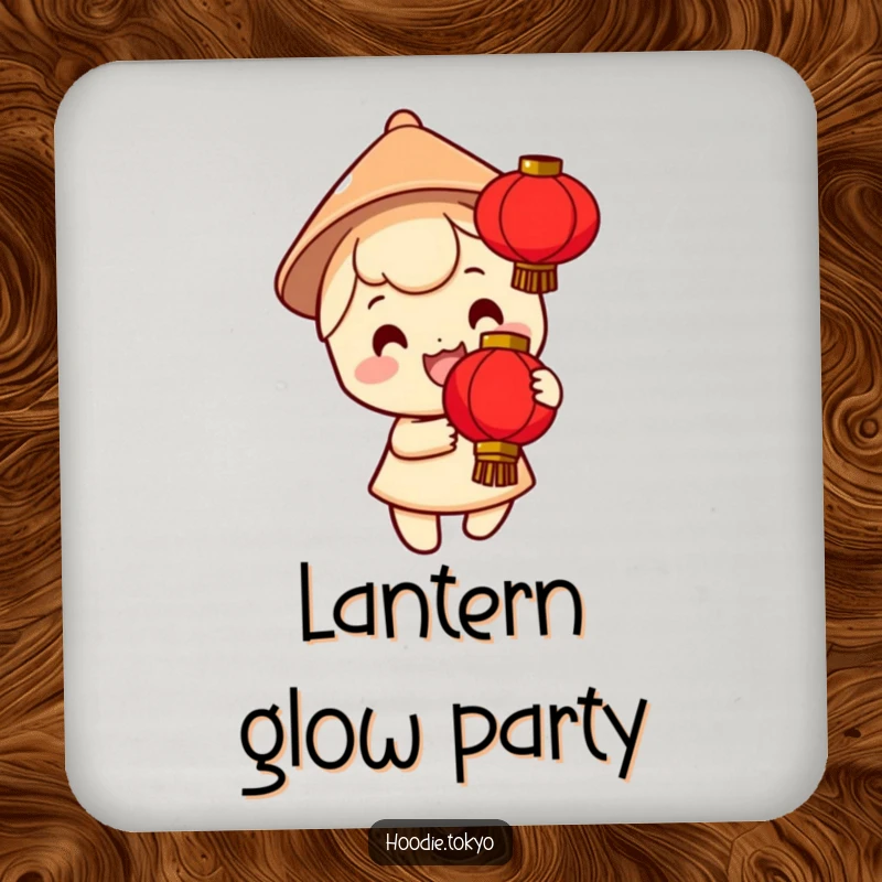 Funny coaster set featuring a smiling character in a tiny conical hat holding a bright red lantern, offering protection with festive flair.