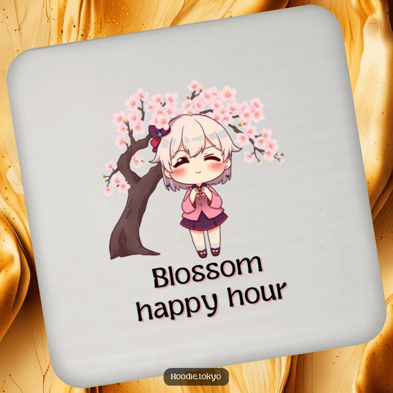 Funny character with exaggerated blush posing dramatically in front of a cherry blossom tree, humorous coasters for drink protection.