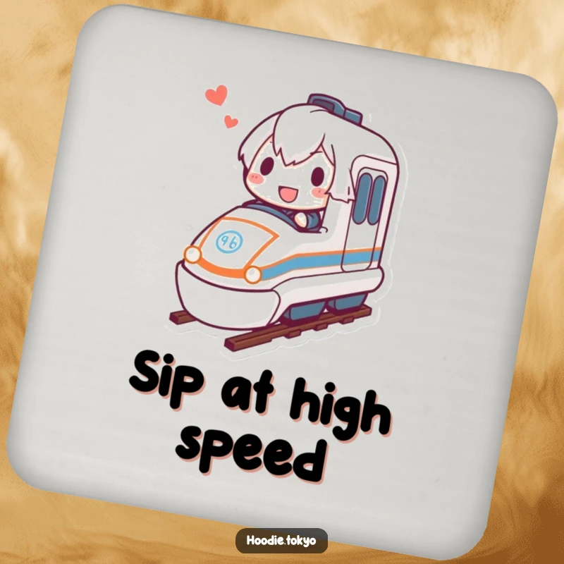 Funny bullet train drink coasters featuring a determined character joyfully riding a miniature bullet train, protecting surfaces.