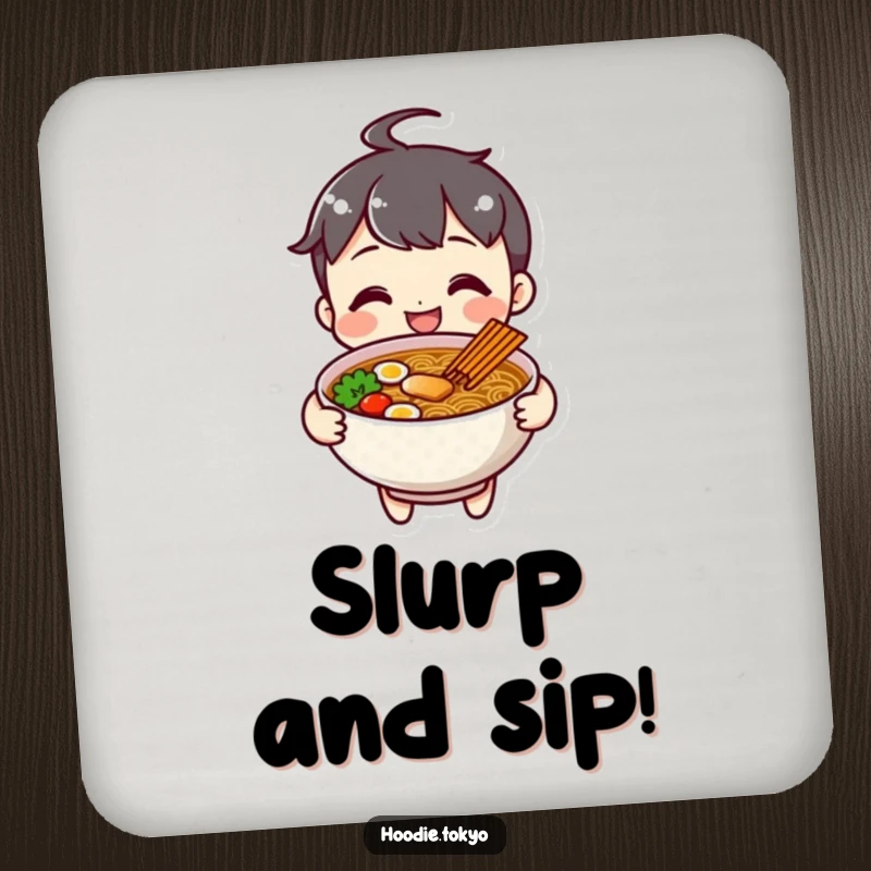 Funny cheerful ramen character coaster, smiling and offering a bowl of ramen.