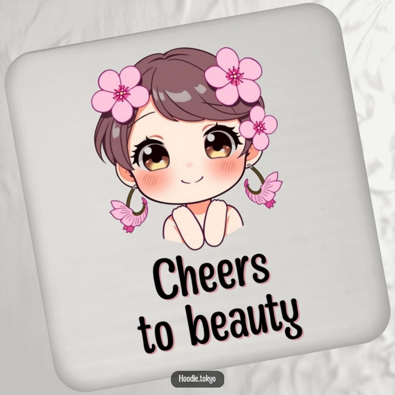 Funny character with oversized cherry blossom earrings, eyes sparkling, a humorous and protective drink coaster.