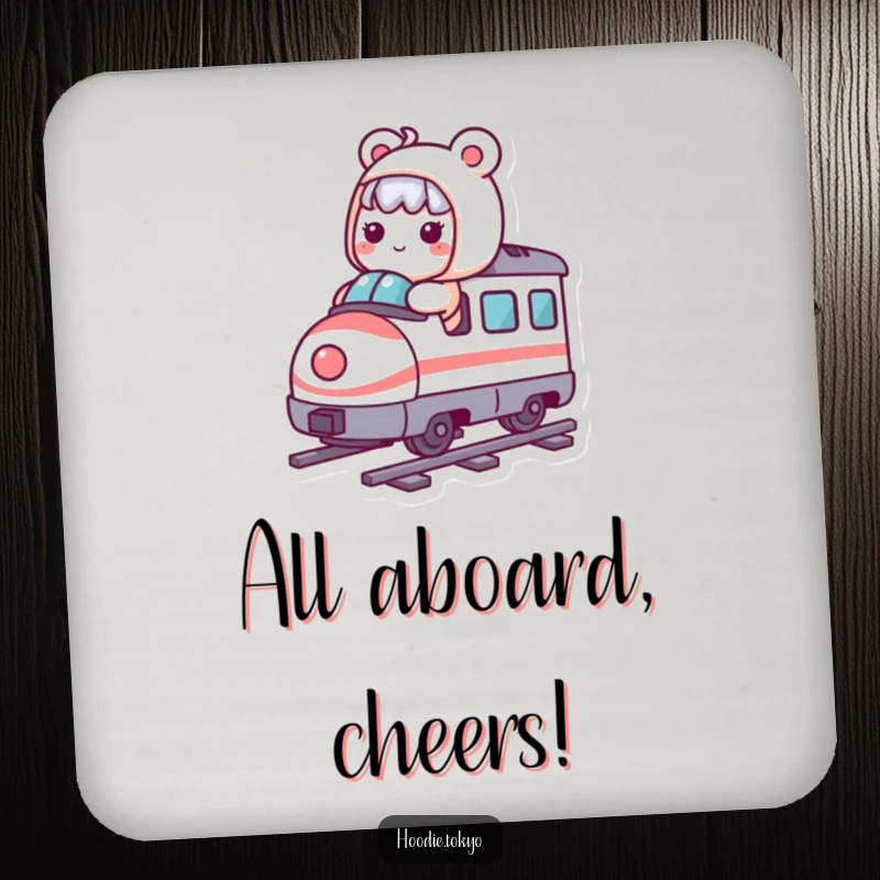 Funny Kawaii character on a whimsical, miniature bullet train, protecting surfaces with this humorous drink coaster set.