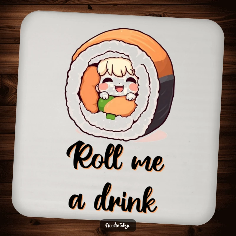 Funny giggling character peeking from behind a giant sushi roll, a humorous and protective drink coaster.