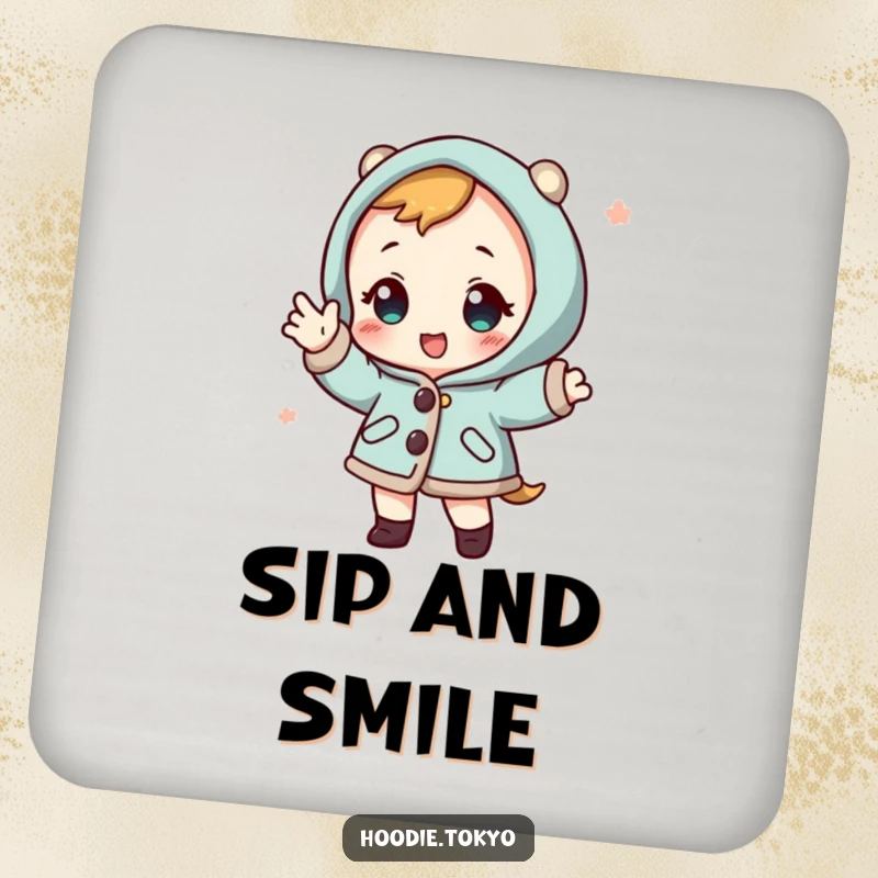 Funny character in a happi coat striking a playful pose, a humorous and protective drink coaster.