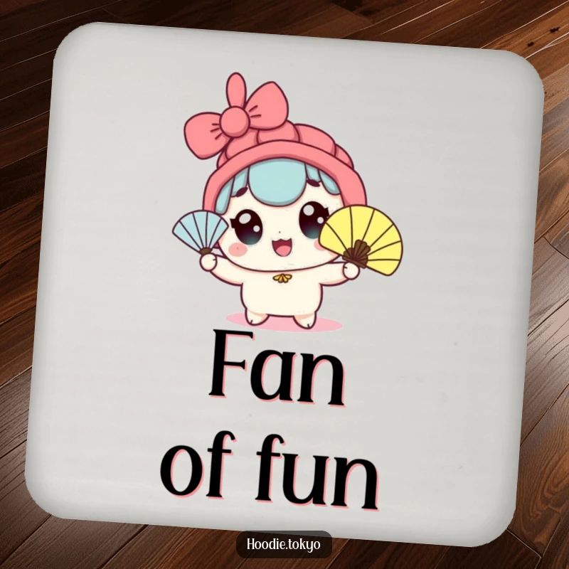 Funny kawaii character drink coasters with wide eyes enthusiastically waving a fan, providing cool protection for tables.