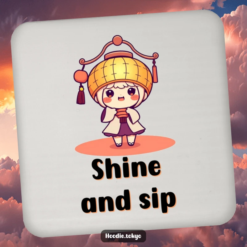 Funny Kawaii Coaster: Cute character in a giant festive lantern, beaming brightly, humorously protecting surfaces.