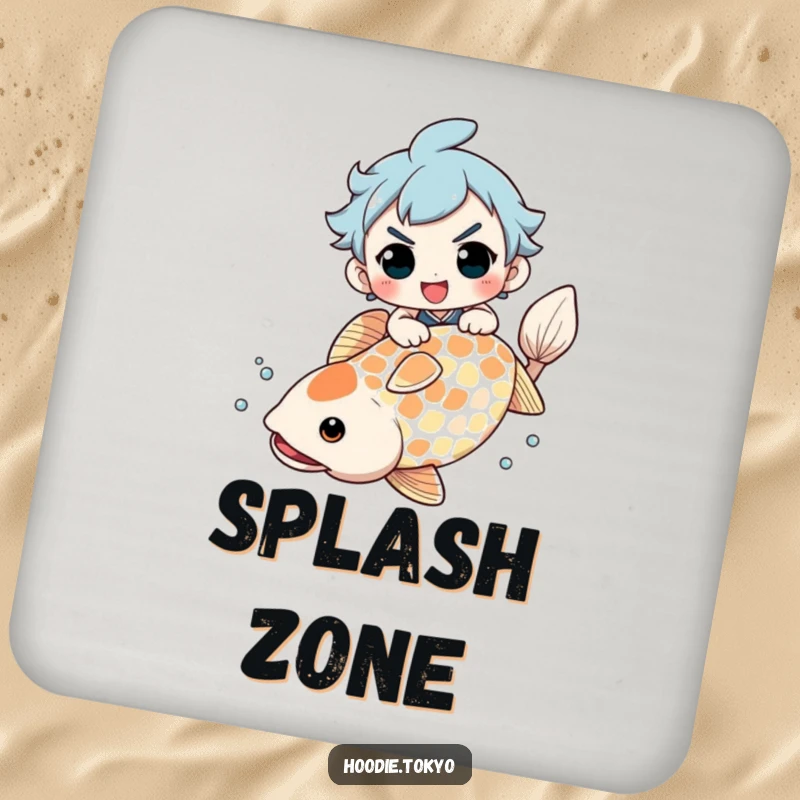 Funny Coaster: Character with a determined grin riding a giant koi fish, protecting surfaces with humor.