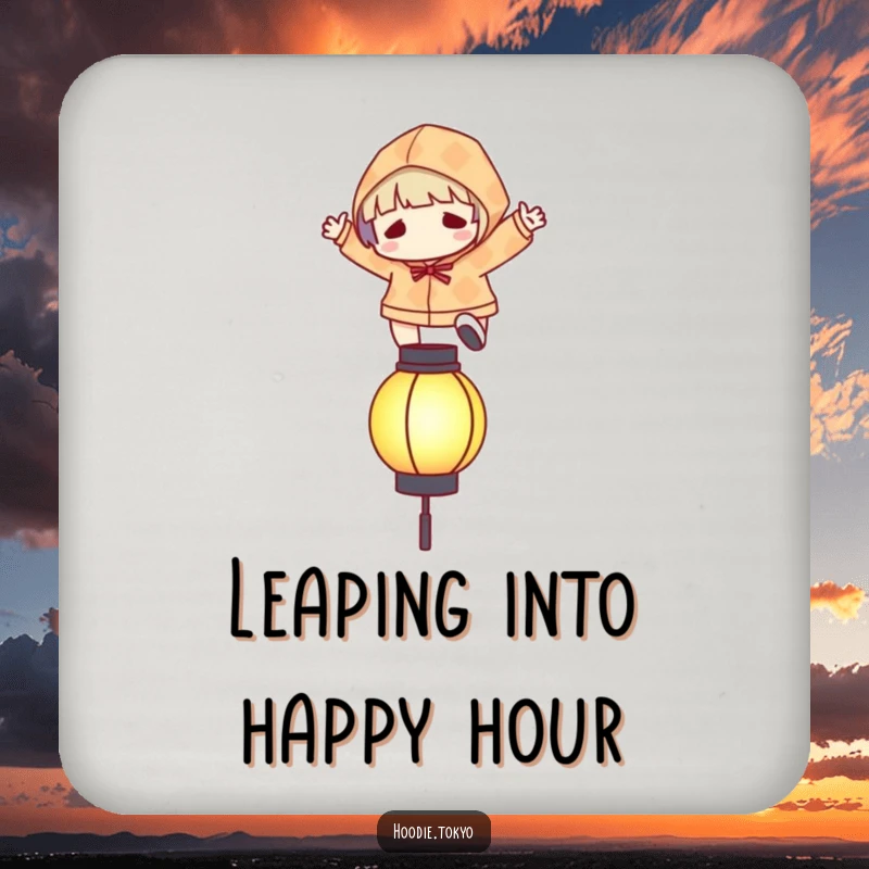 Funny coaster showing a character in a patterned hoodie leaping over a stylized, glowing lantern.