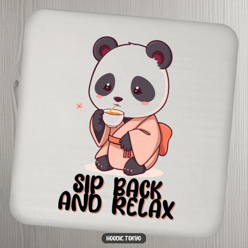 Funny drink coaster showcasing a round panda in a kimono, holding a teacup, protecting surfaces with a humorous touch.