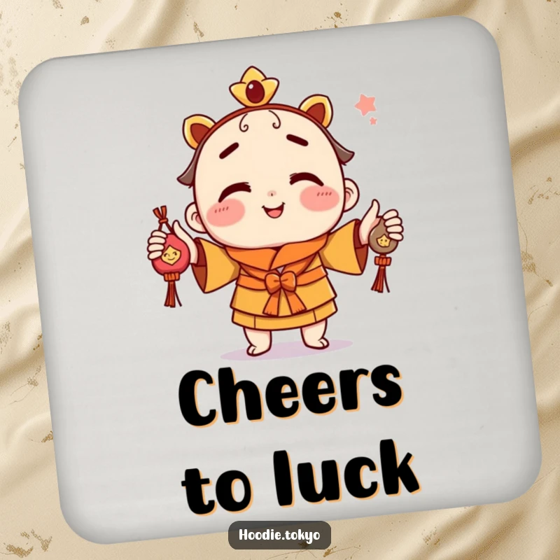 Funny drink coasters showcasing a playful character juggling omamori charms, perfect for protecting surfaces with luck and style.