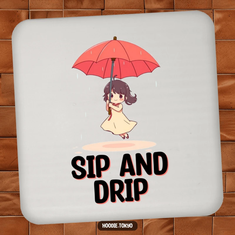 Funny Coaster: Character dances in a gentle rain shower under a red umbrella, adding cheerful protection.