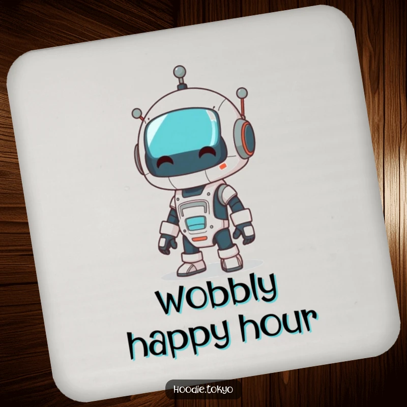 Funny robot drink coasters featuring a character dressed as a robot doing a comical wobble, protecting surfaces.