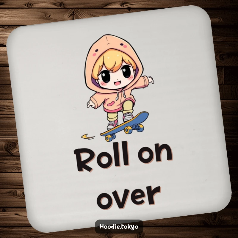 Funny drink coaster with a character in a bright hoodie, smiling with intense focus while skateboarding, offering stylish protection.