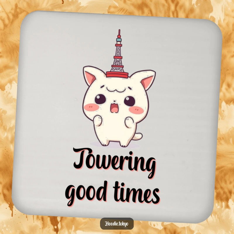 Funny Tokyo Tower Coaster: A shocked character with a tiny Tokyo Tower on its head, safeguarding your furniture with a comical touch.
