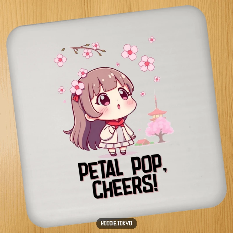 Funny surprised Tokyo character coaster, with a backdrop of floating cherry blossoms.