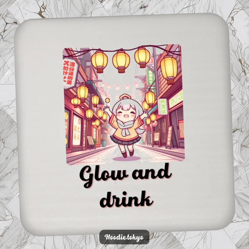 Funny Coaster: Kawaii character joyfully juggling glowing lanterns, protecting surfaces with humorous charm.