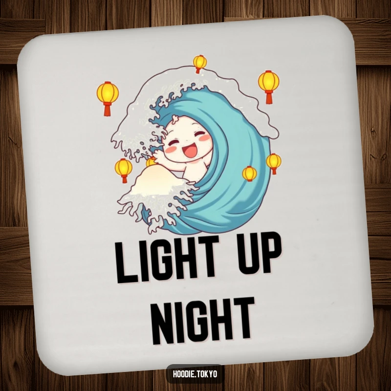 Funny Coaster: Character with a happy wave is surrounded by glowing lanterns, offering festive protection.