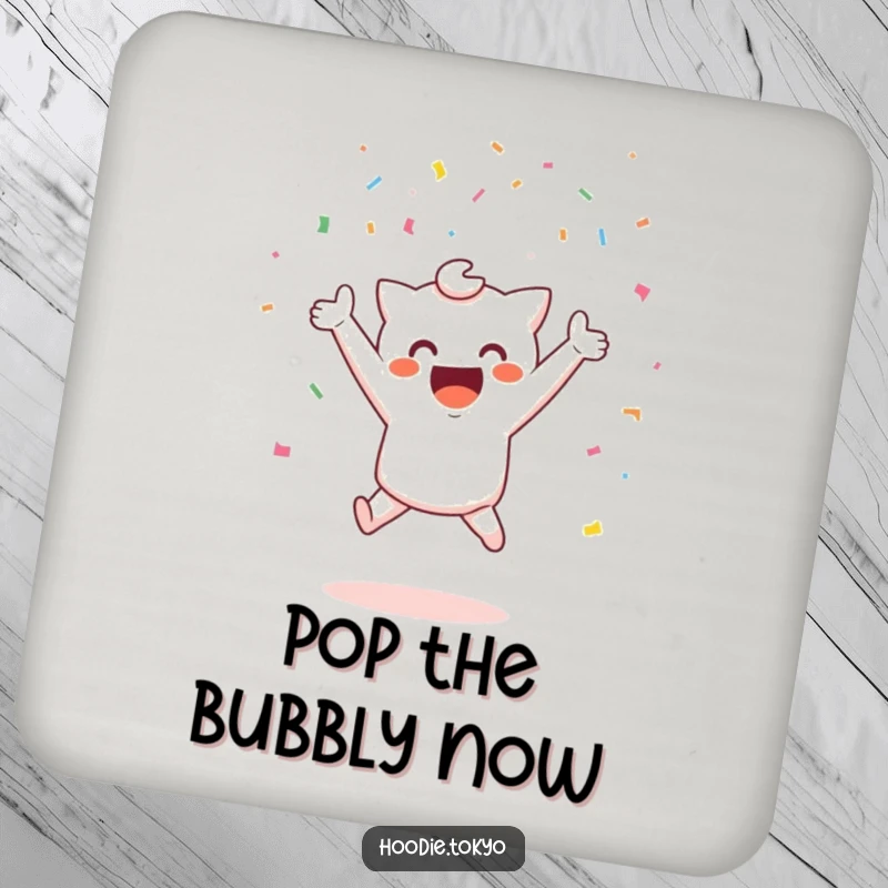 Funny joyful kawaii coasters with a cute character jumping with confetti, suitable funny gift.