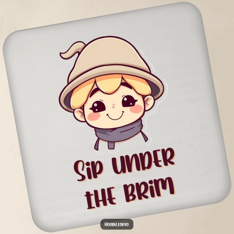 Funny Drink Coaster with a Character's Silly Grin and a Tilted Oversized Hat, Adding Quirky Charm