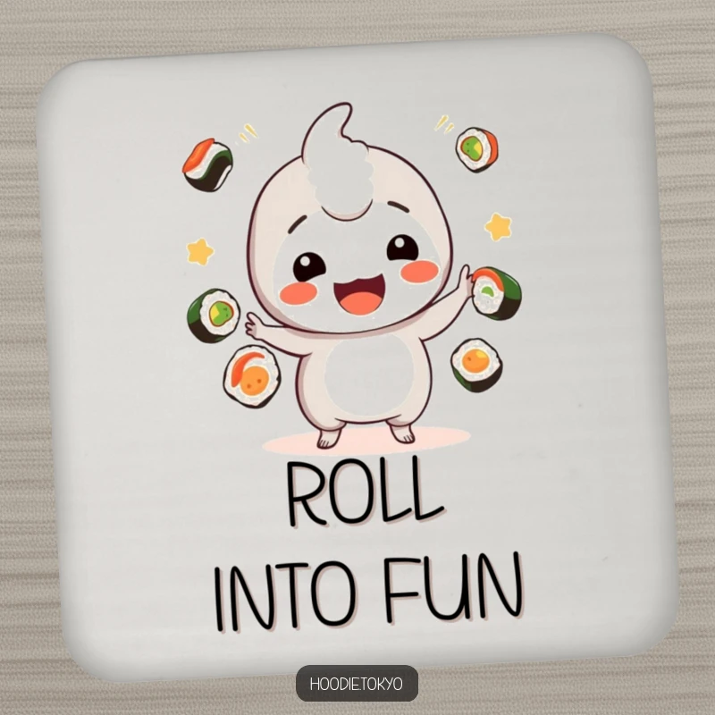 Funny sushi kawaii coasters with a playful character juggling sushi, suitable funny gift.