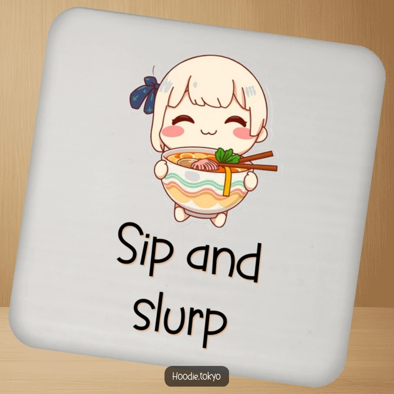 Funny cheerful character offering a bowl of ramen with a smile, decorative drink coasters for food lovers.