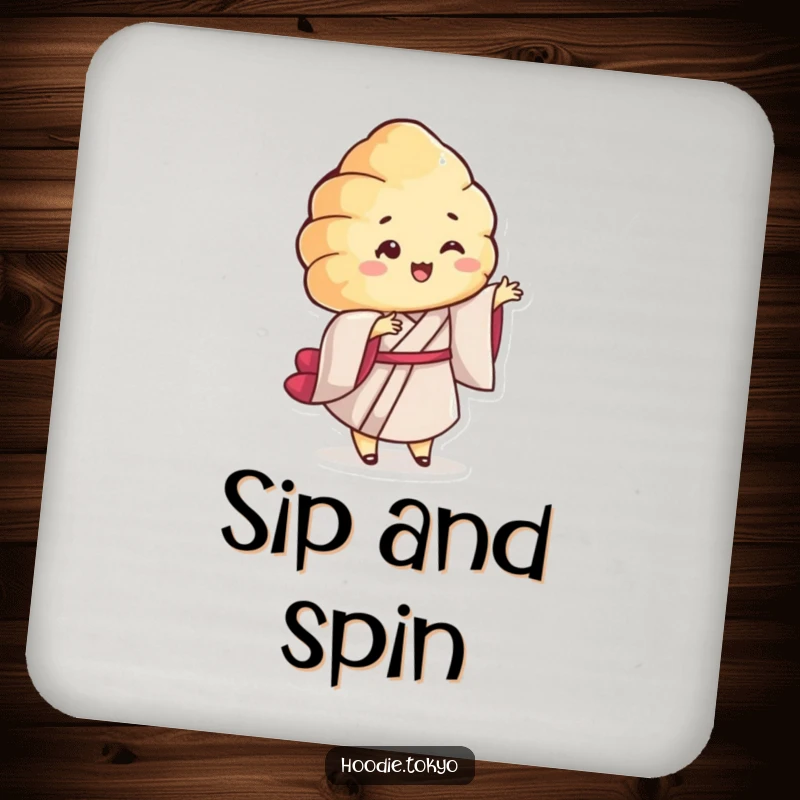 Funny Croissant Kimono Coaster: A protective coaster featuring a smiling croissant character in a kimono twirling playfully, adding a touch of cuteness.