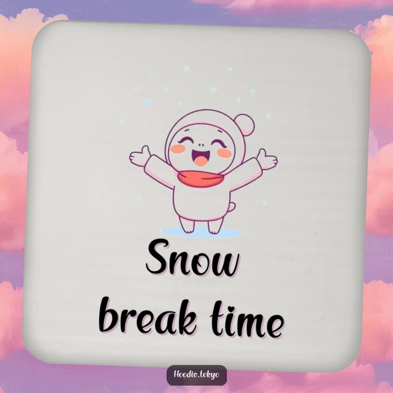 Funny Snow Catcher Coaster featuring a happy character catching snowflakes, protecting drinks with winter magic.