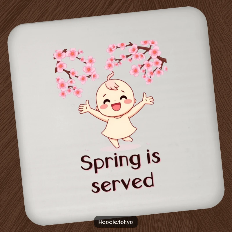 Funny drink coaster with a character dancing joyfully under cherry blossoms, protecting surfaces with style.