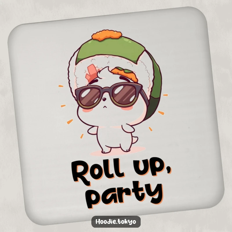Funny coaster set featuring a character in cool sunglasses, looking surprised at a giant sushi roll, offering protection with a side of humor.