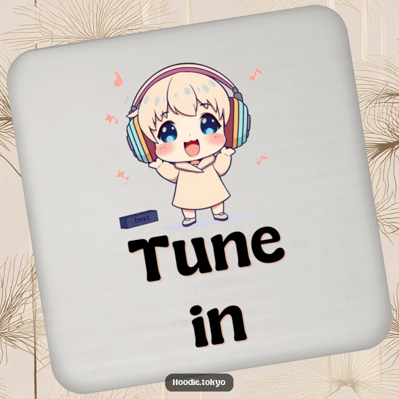 Funny Coaster: Character with oversized headphones bops excitedly, offering musical protection.