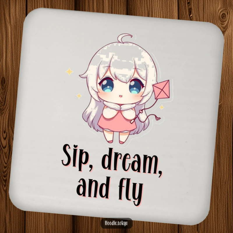 Funny Drink Coaster with a Character with Sparkling Eyes Holding a Tiny Whimsical Kite, Adding Whimsy to Your Table