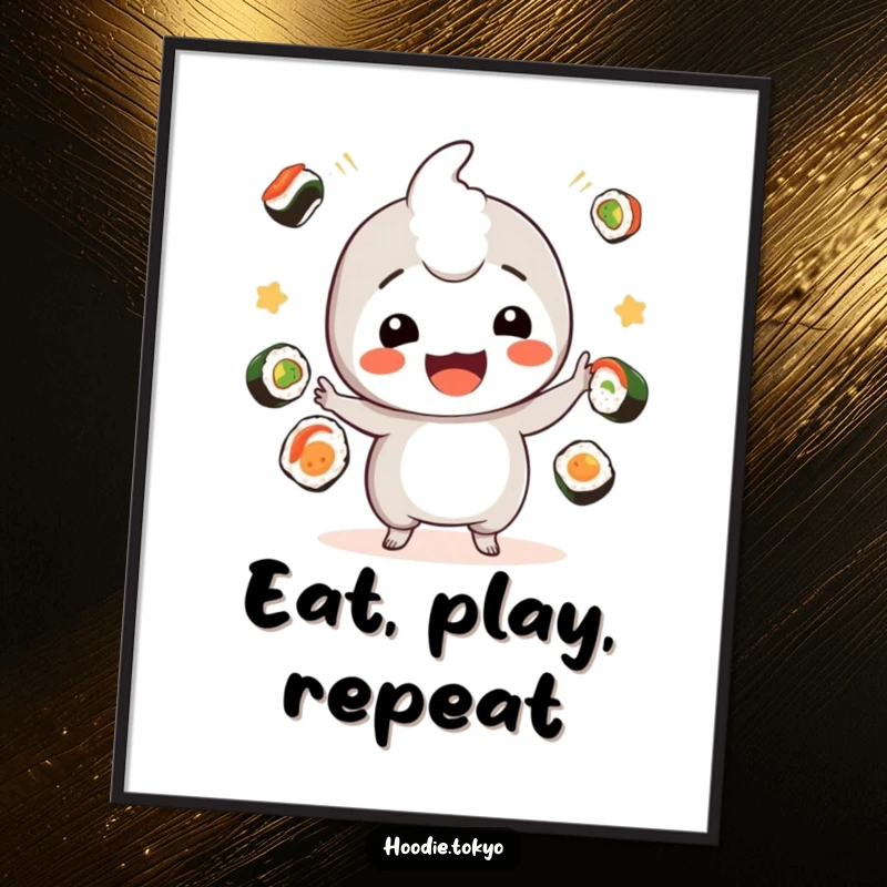 Funny sushi kawaii poster with a playful character juggling sushi, great funny gift.