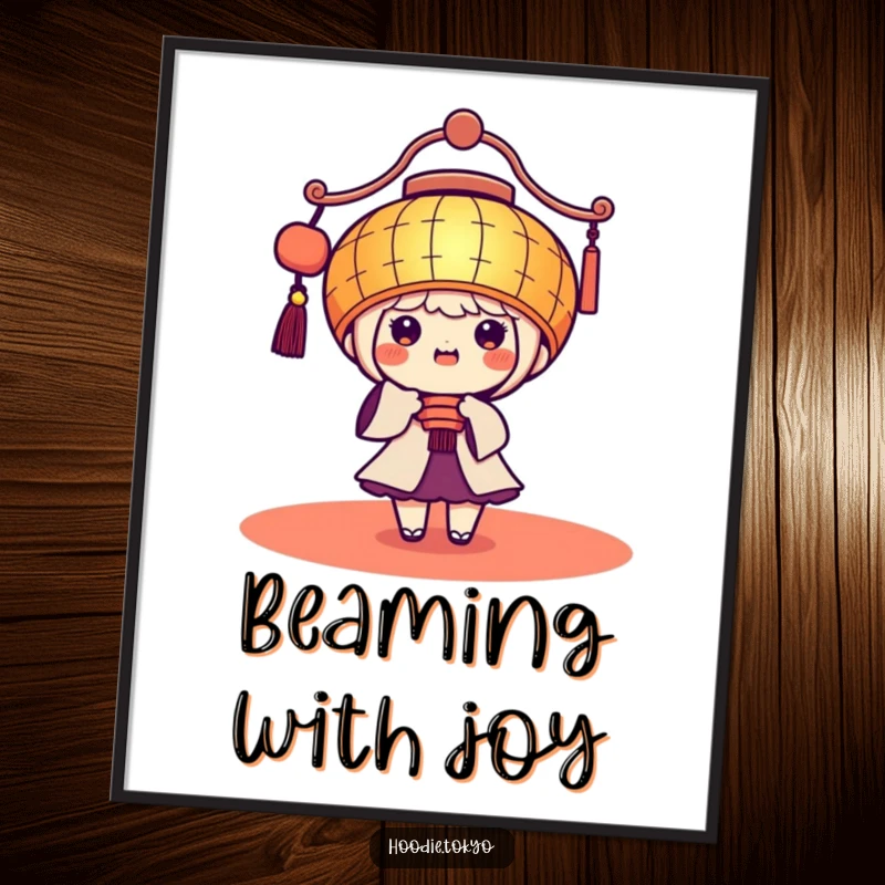 Funny Kawaii Poster: Cute character in a giant festive lantern, beaming brightly with light and joy.