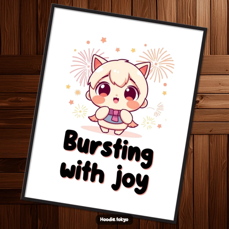 Funny Kawaii character with wide, amazed eyes looking up at a vibrant fireworks show, displayed on this funny poster.