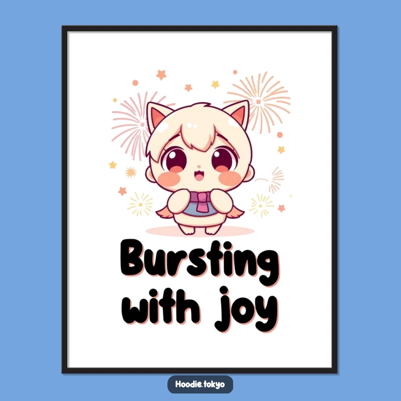 Funny Poster: Kawaii Character's Fireworks Awe, Joyful Wall Art, Gift Idea